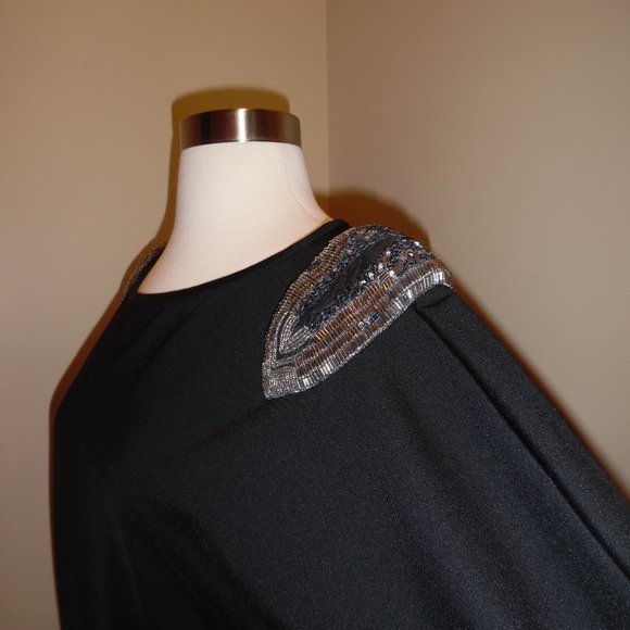 ELIZABETH AND JAMES Beaded Embellished Jeweled Black Mini Shoulder Wedge Dress - Picture 8 of 8